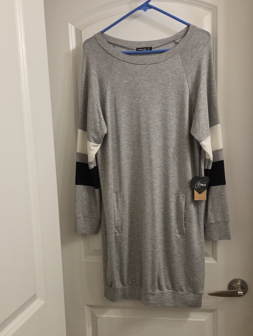 Poplular Basics Grey Long Sleeve Tunic Dress with Stripe Accents